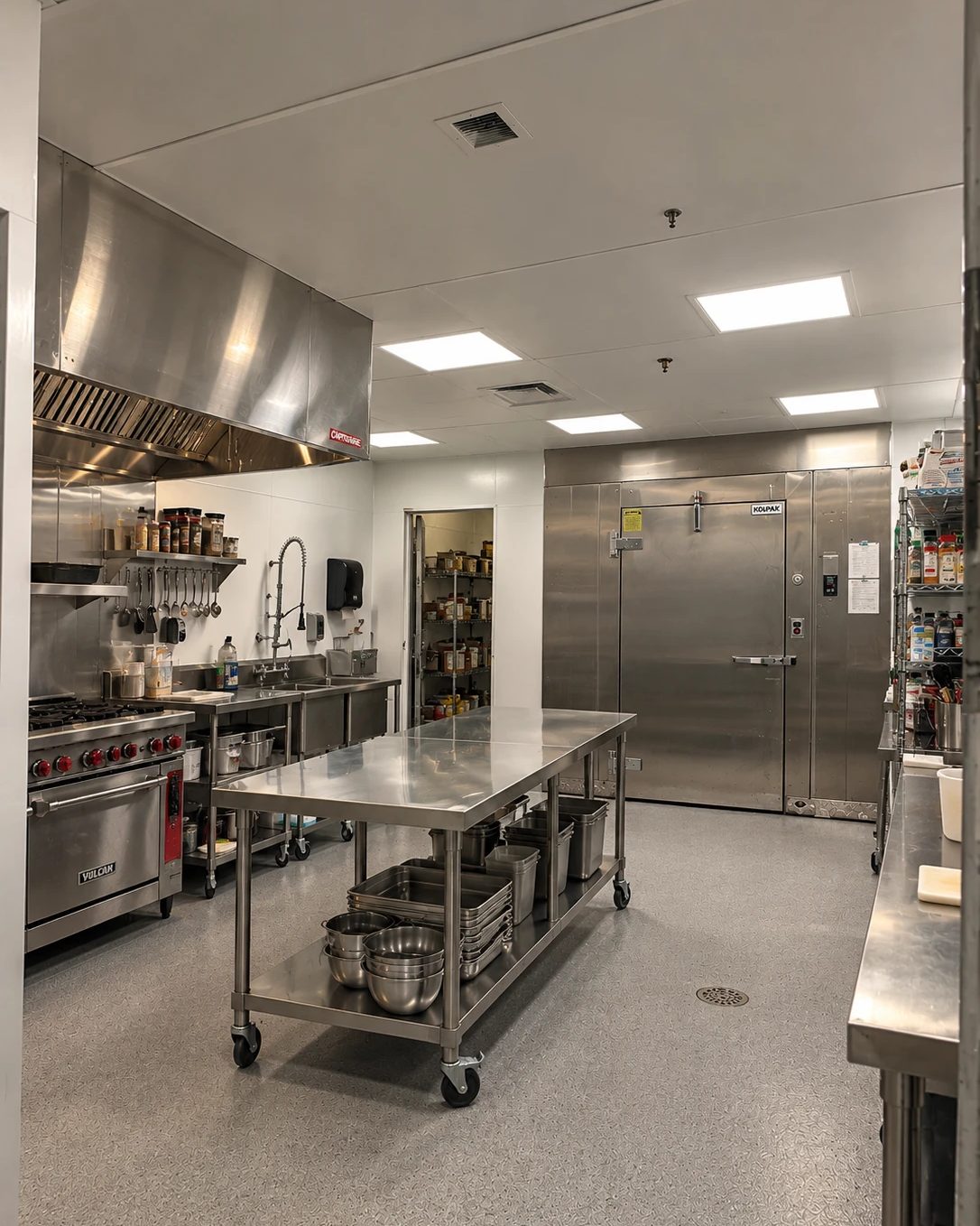 A finished commercial kitchen in stainless steel: a gas range under an exhaust hood, a prep sink with a pre-rinse sprayer, a rolling work table stacked with pans and bowls, a walk-in cooler and a dry storage room at the back, under flat panel lights
