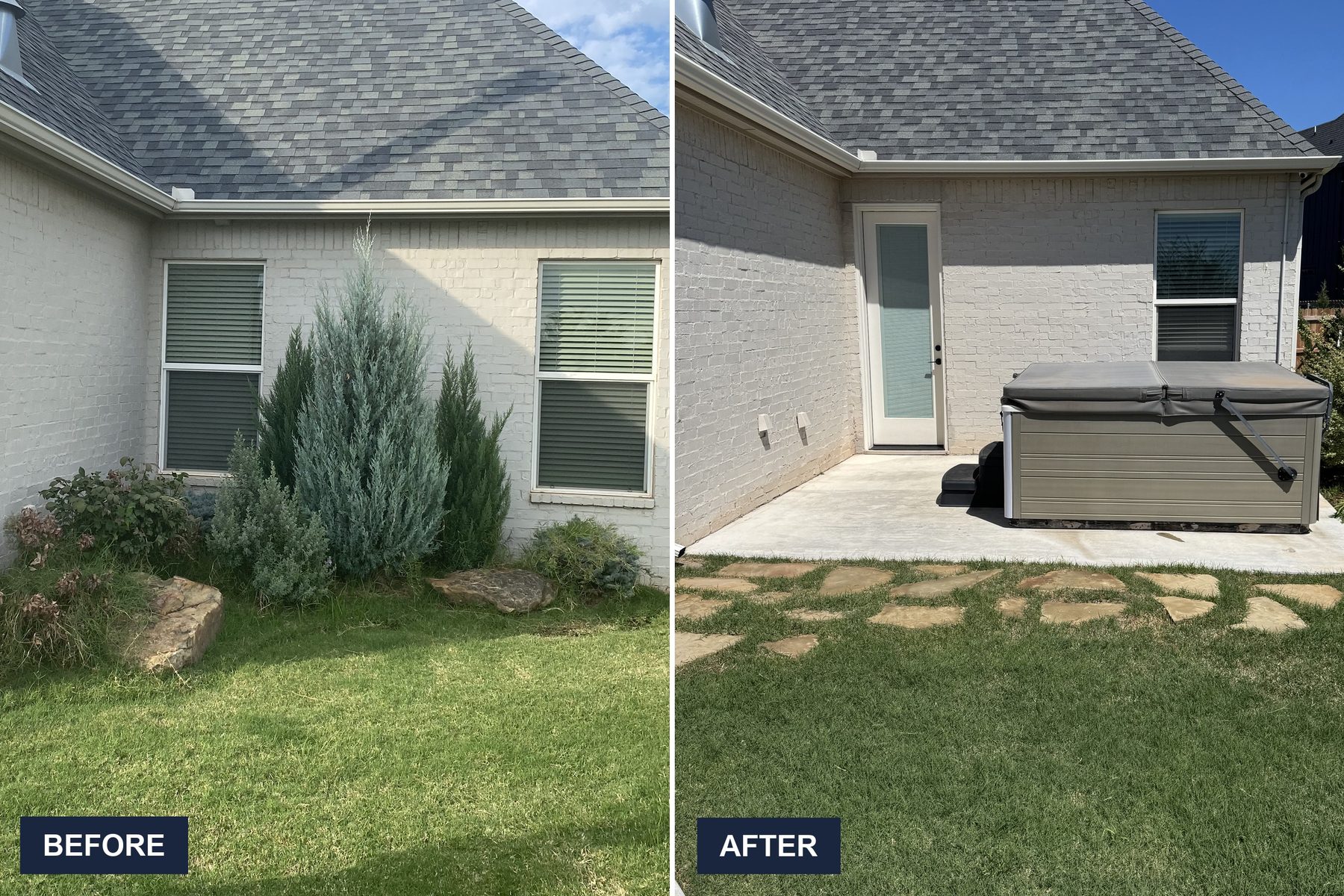A hot tub pad before and after: on the left the brick wall with two windows, a shrub bed and lawn running up to the house, on the right the same wall with a poured concrete pad carrying a covered hot tub, an exterior door where one window was, and flagstone steppers set into the lawn