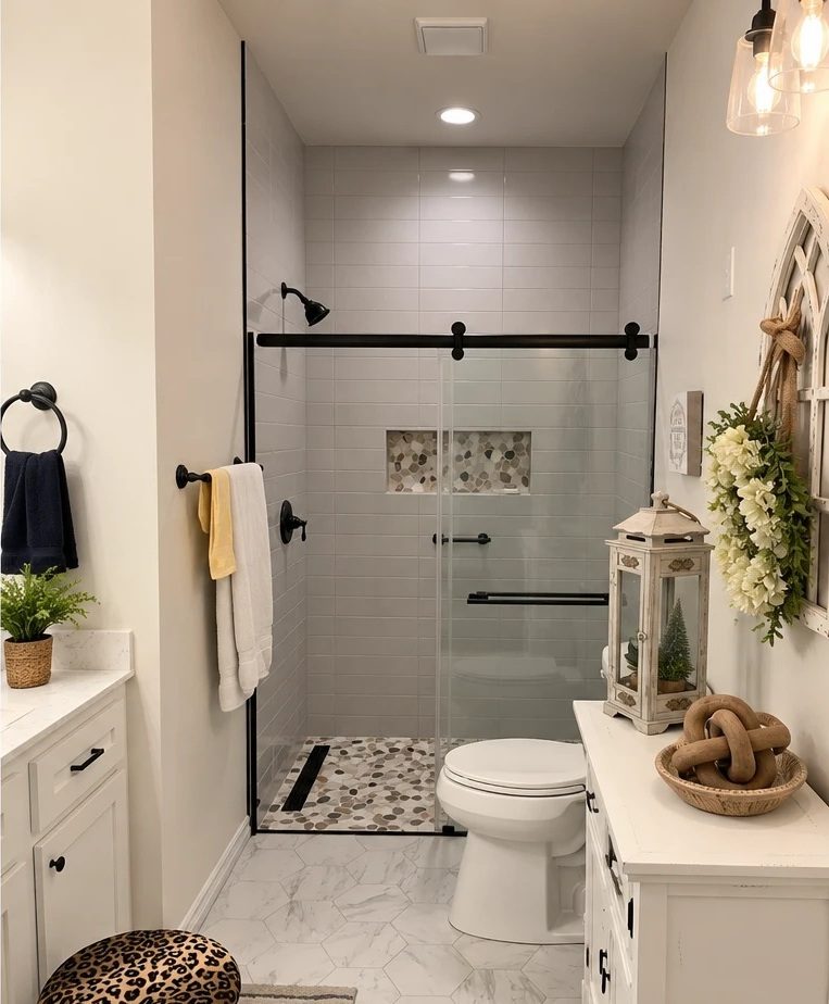The same bathroom after: the tub replaced by an accessible walk in shower built to the ADA standard, with a sliding glass door, a pebble floor and a recessed niche