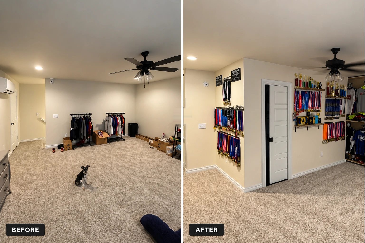 A bonus room before and after: on the left the carpeted room with clothes on freestanding racks, boxes on the floor and a small dog, on the right a new framed and finished wall with a paneled door enclosing a closet, racks of medals and shelves of trophies on the walls, and jerseys on a rail